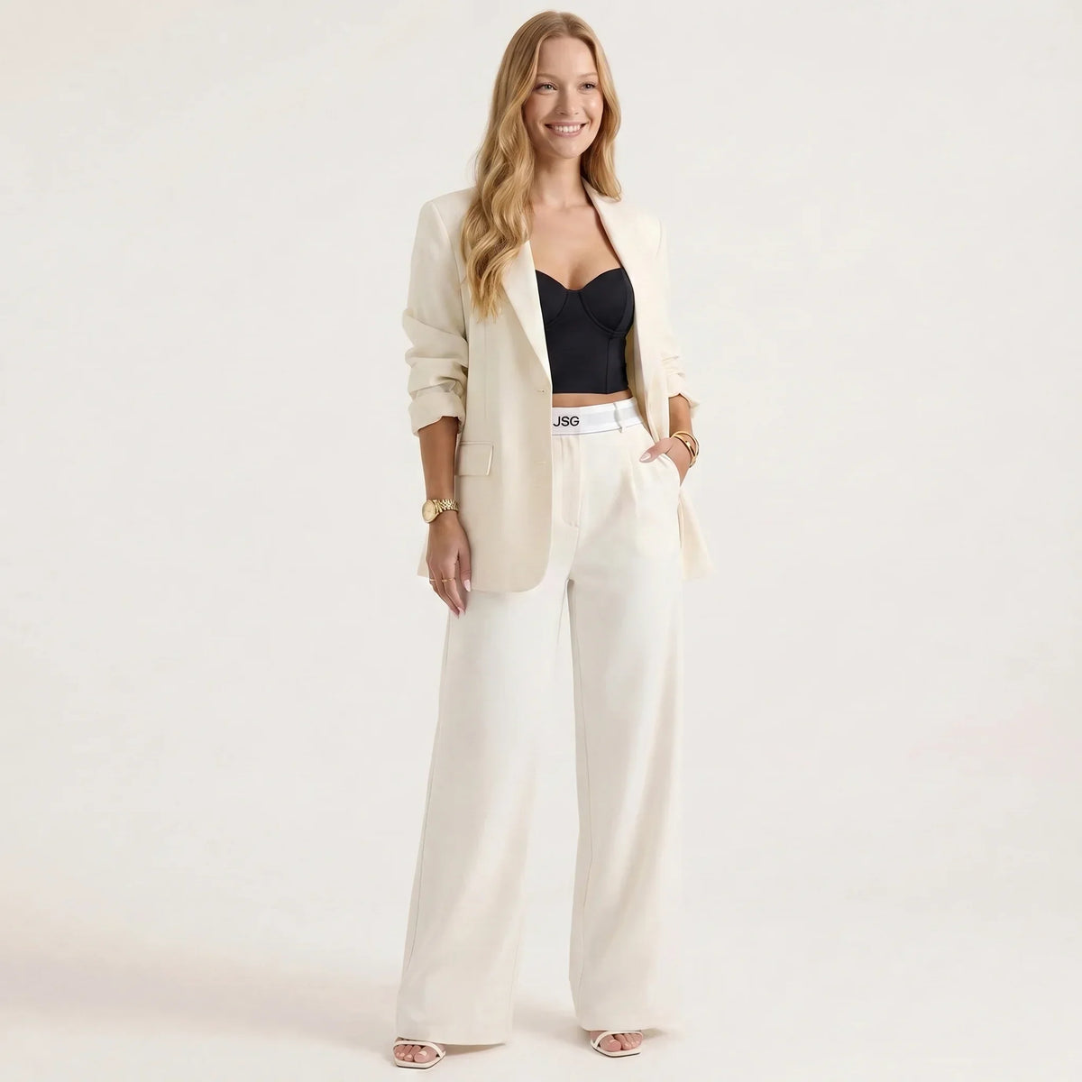 Art Byzance - Women's Tailored Blazer and Wide Leg Pants Suit Set
