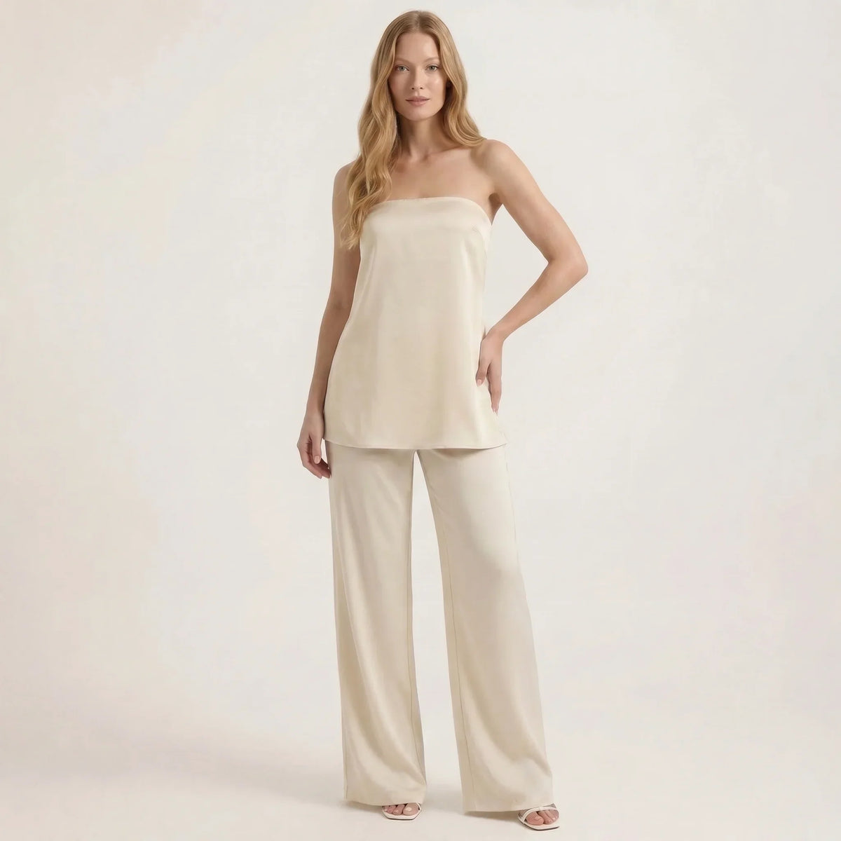 Art Byzance - Women's Strapless Top and Wide Leg Pants Set